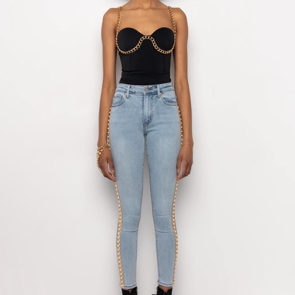 AKIRA NWT Stylish Blue Jeans with Gold & Pearl Accents